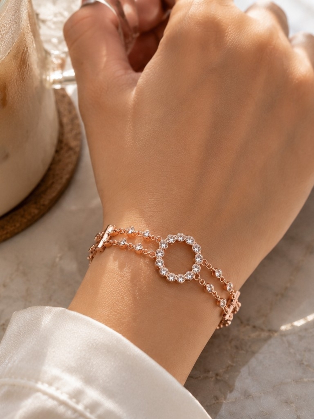 18k Rose Gold Plated Circle Double Chain Bracelet - Women Jewelry